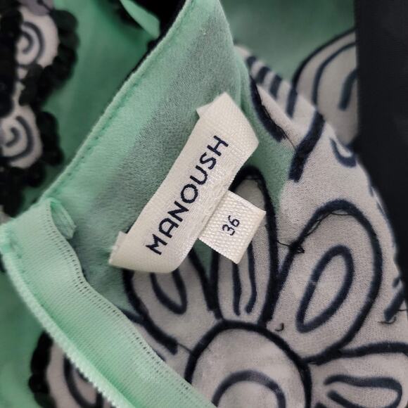 Manoush Chiffon Blouse Green Sequins Top Sheer Pastel Paisley Black Bow Size 4 - Picture 7 of 14